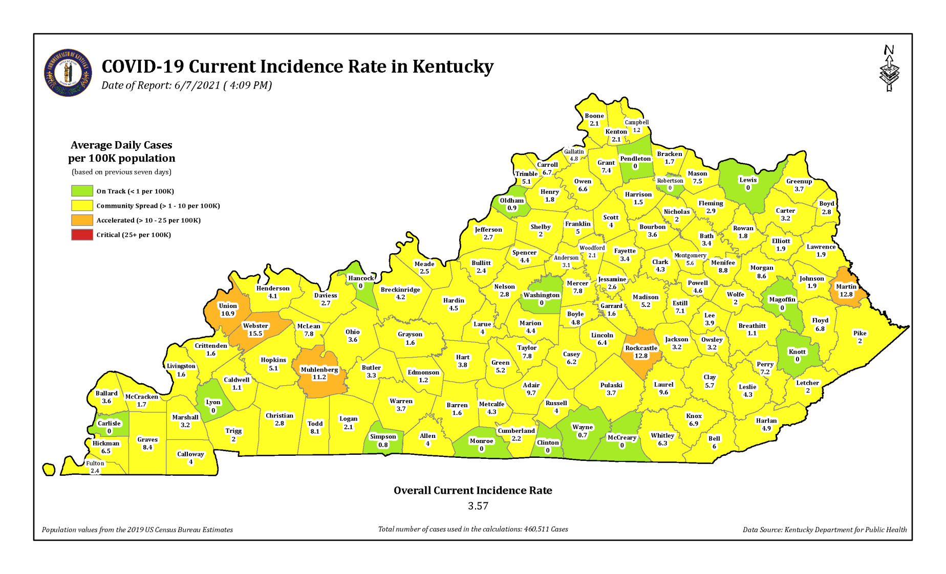 Kentucky COVID-19 incidence rate map 6/7/21